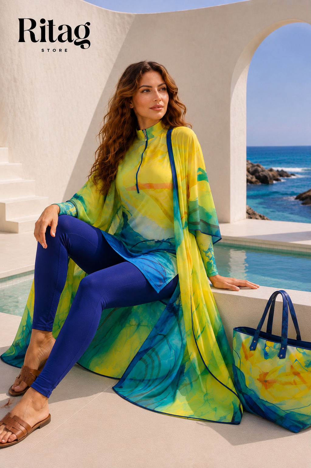 Women's Yellow & Blue Printed Beachwear Set