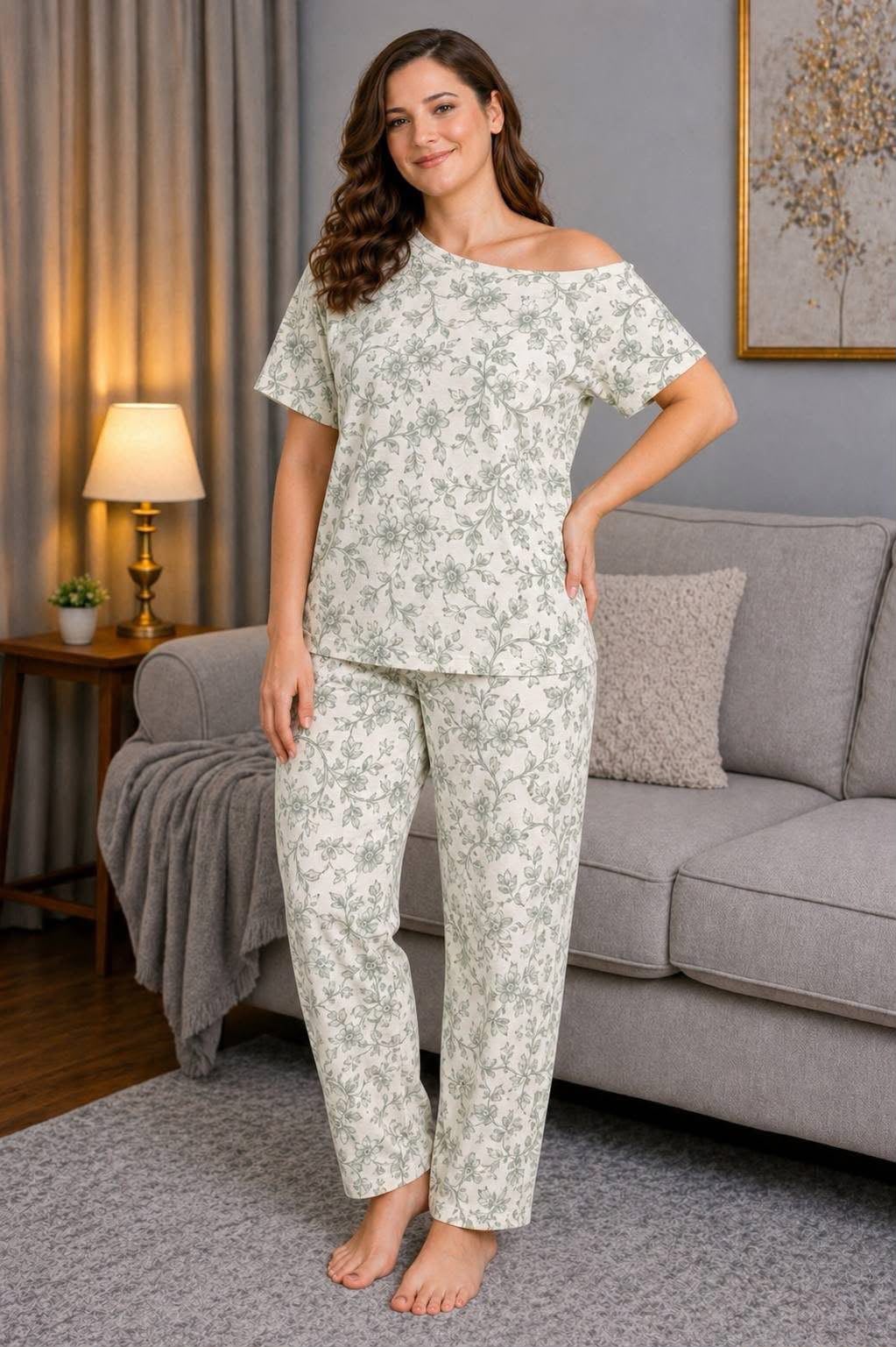 Women's Cotton Pajama Set - Sage Green Floral