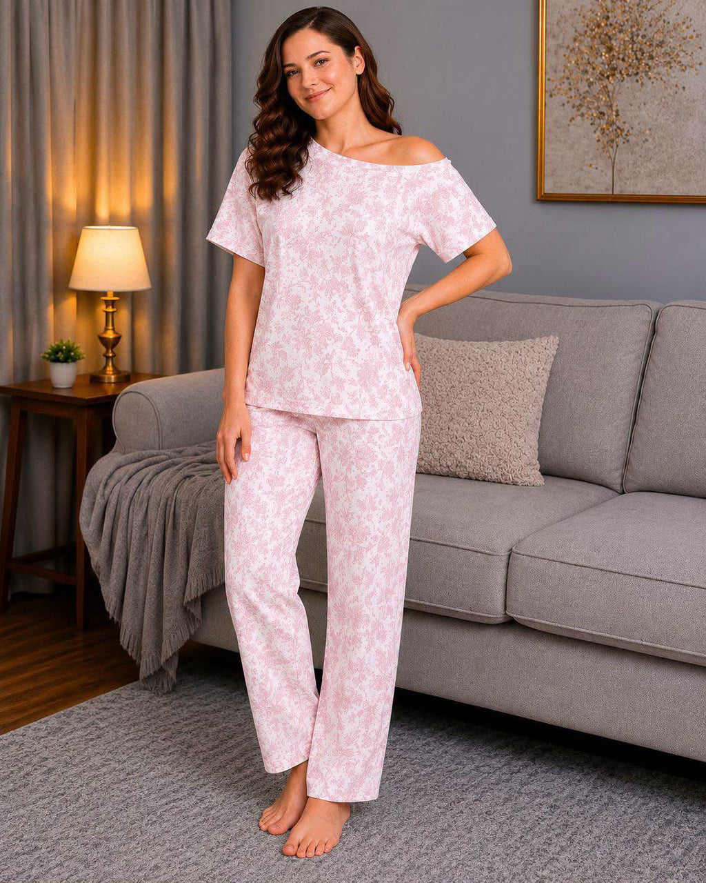 Women's Cotton Pajama Set - Soft Pink Floral