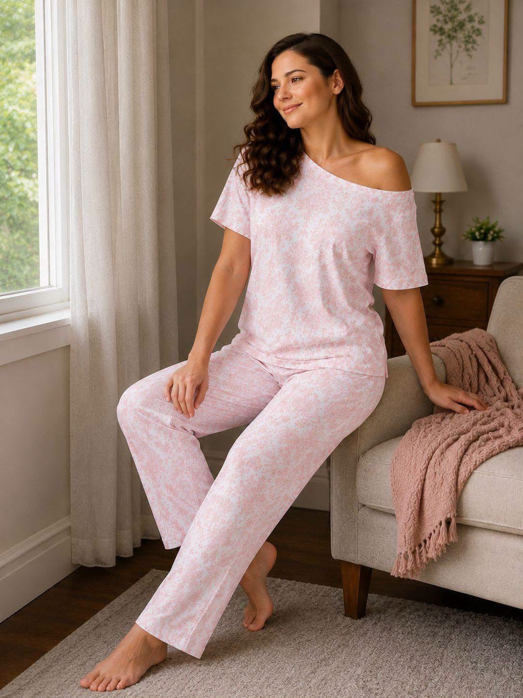 Women's Cotton Pajama Set - Soft Pink Floral