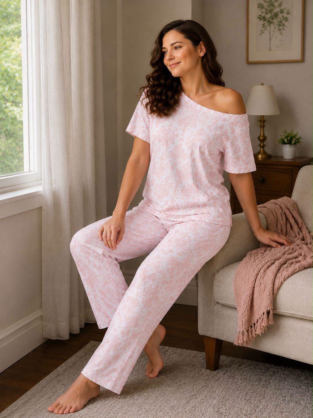 Women's Cotton Pajama Set - Soft Pink Floral