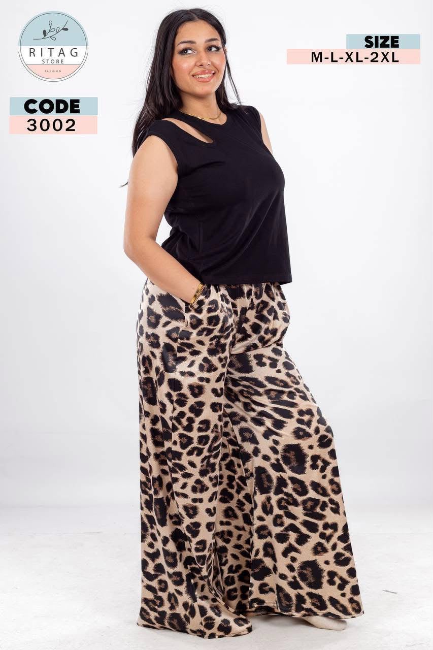 Women's Cold Shoulder Top & Satin Wide Leg Leopard Pants Pajama Set