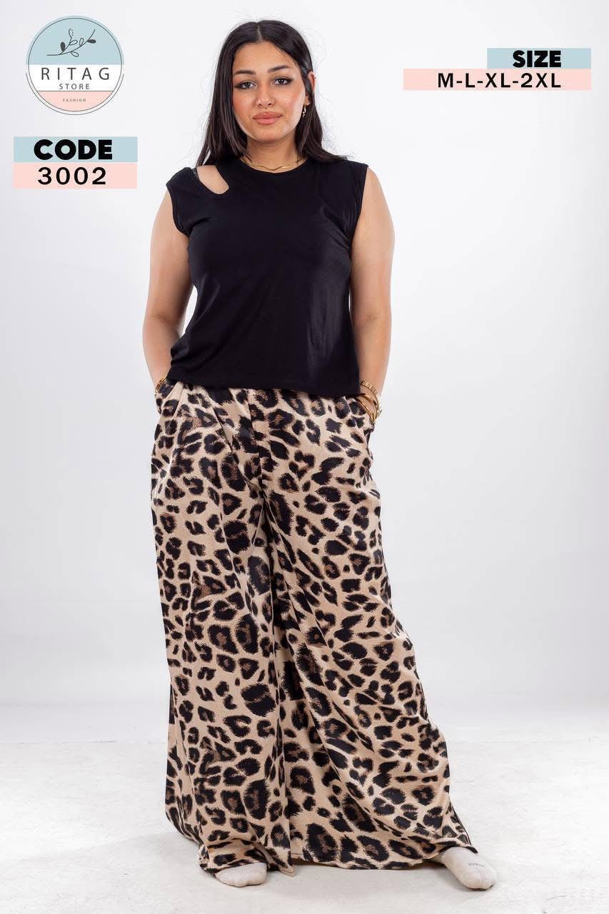 Women's Cold Shoulder Top & Satin Wide Leg Leopard Pants Pajama Set