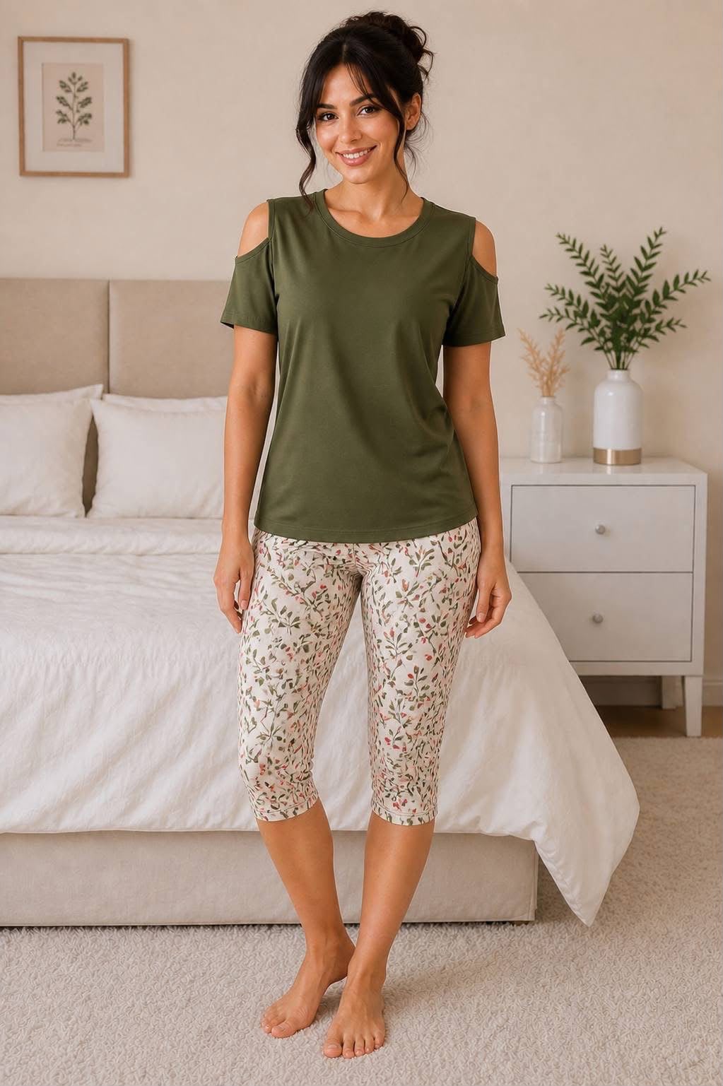 Women's Cotton Cold Shoulder Capri Pajama Set - Olive Green Floral