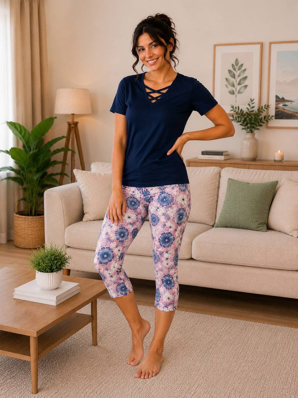 Women's Cotton Criss Cross Neck Capri Pajama Set - Navy & Floral