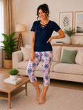 Women's Cotton Criss Cross Neck Capri Pajama Set - Navy & Floral