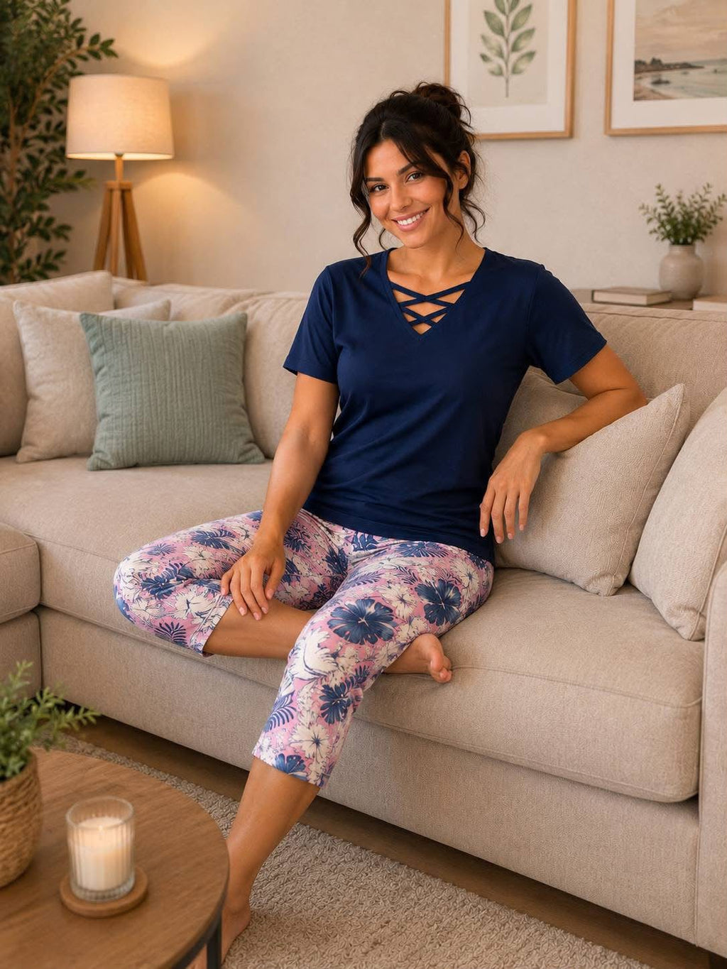 Women's Cotton Criss Cross Neck Capri Pajama Set - Navy & Floral