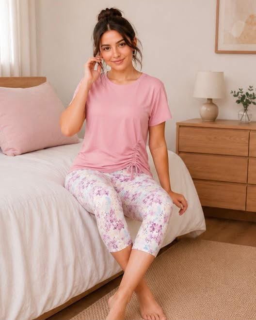 Women's Cotton Side Ruched Capri Pajama Set - Pink & Floral