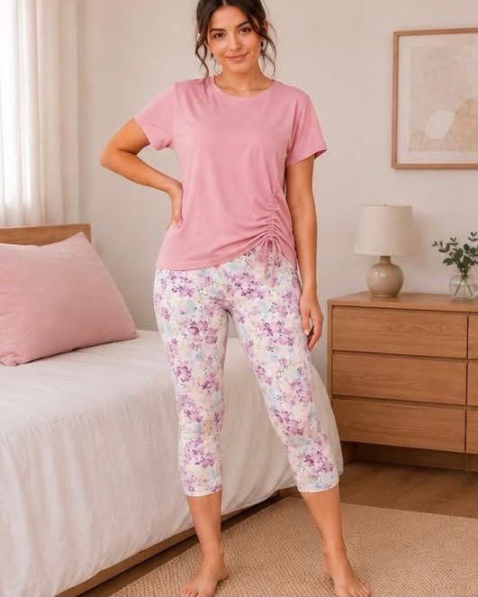 Women's Cotton Side Ruched Capri Pajama Set - Pink & Floral