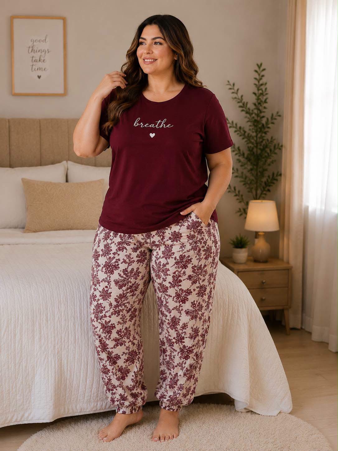 Burgundy Cotton Half Sleeves Pajama Set