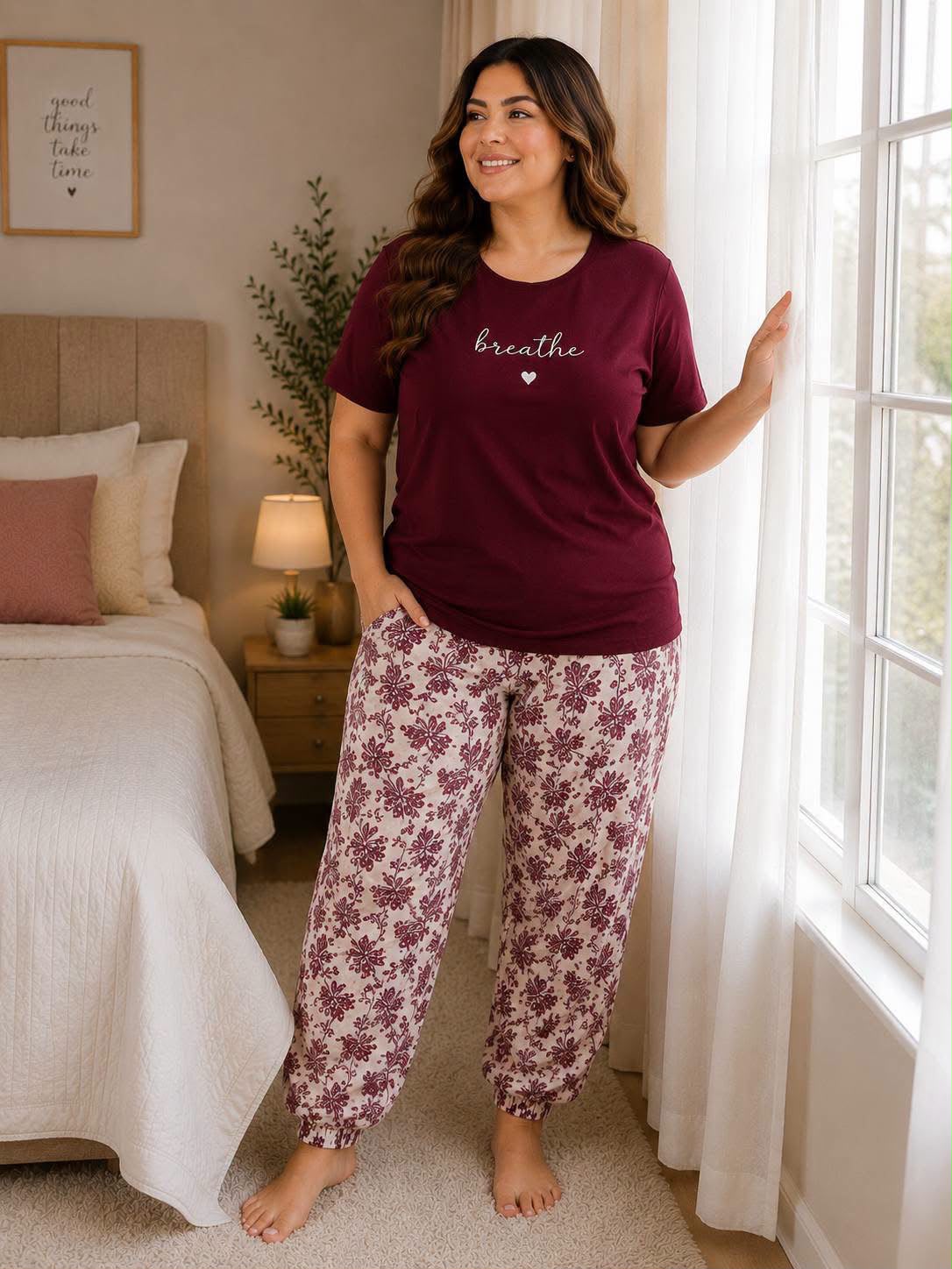 Burgundy Cotton Half Sleeves Pajama Set