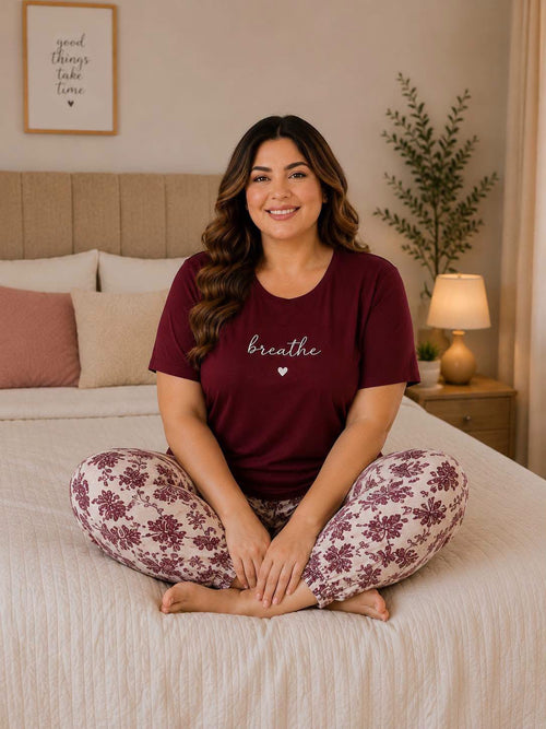 Burgundy Cotton Half Sleeves Pajama Set