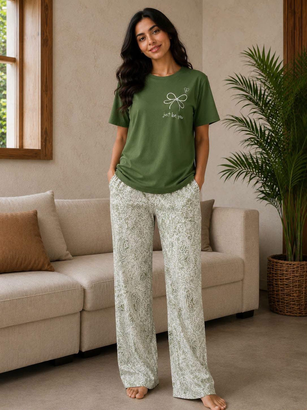 Women's Cotton Pajama Set - Olive Green