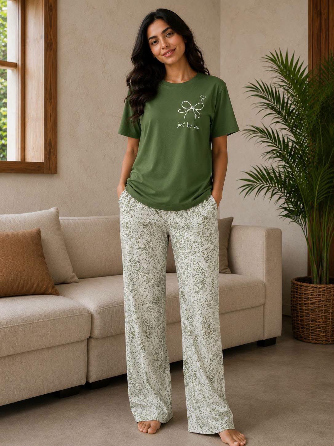 Women's Cotton Pajama Set - Olive Green