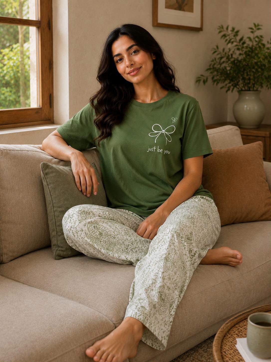 Women's Cotton Pajama Set - Olive Green