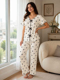 Women's Cotton Pajama Set - White Floral Bow