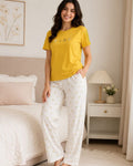 Women's Cotton Short Pajama Set - Mustard Yellow Floral