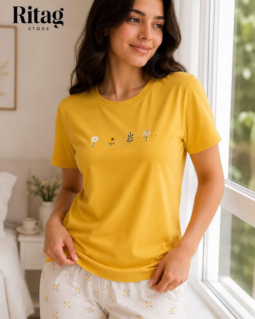 Women's Cotton Short Pajama Set - Mustard Yellow Floral