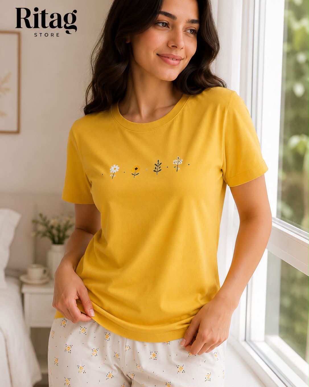Women's Cotton Short Pajama Set - Mustard Yellow Floral