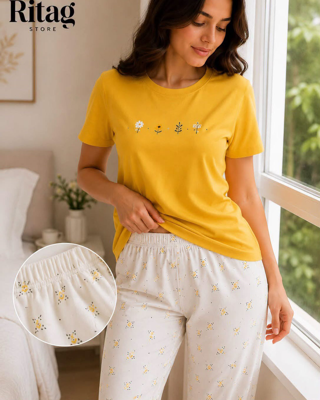 Women's Cotton Short Pajama Set - Mustard Yellow Floral