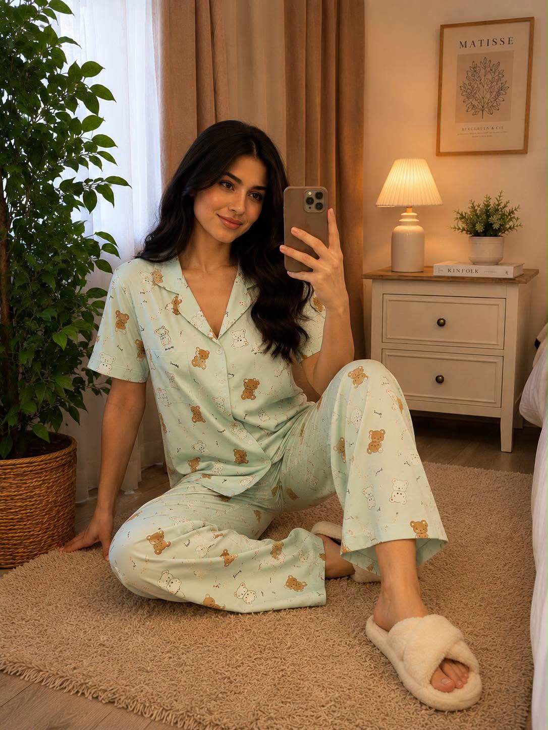 Women's Cotton Button-Up Pajama Set - Mint Teddy Bear Print