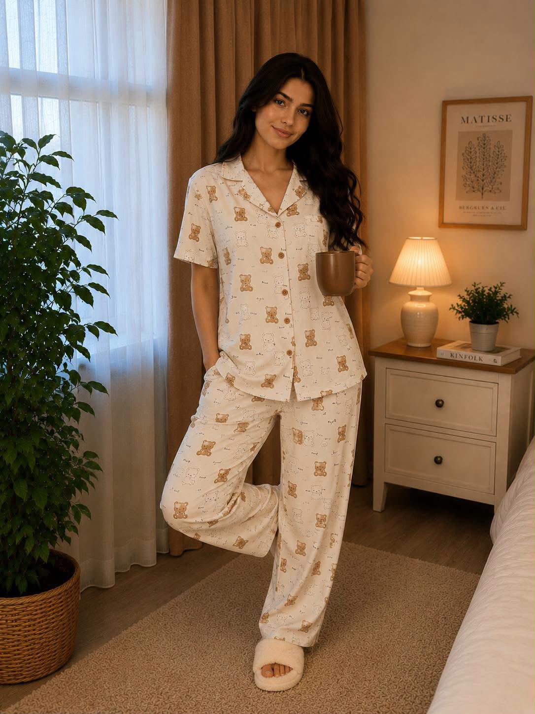 Women's Cotton Button-Up Pajama Set - Teddy Bear Print