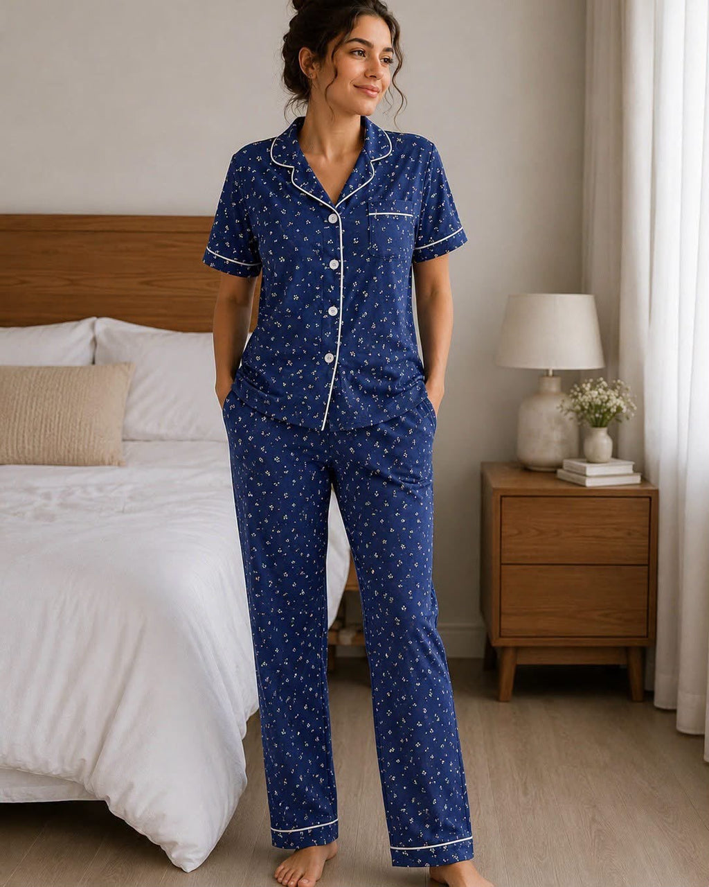 Women's Cotton Button-Up Pajama Set - Navy Floral Print