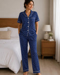 Women's Cotton Button-Up Pajama Set - Navy Floral Print