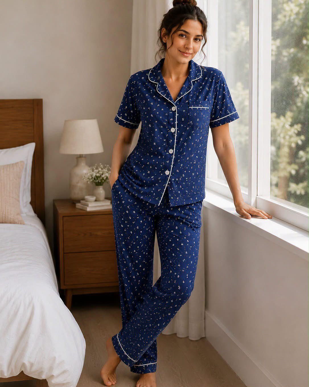 Women's Cotton Button-Up Pajama Set - Navy Floral Print
