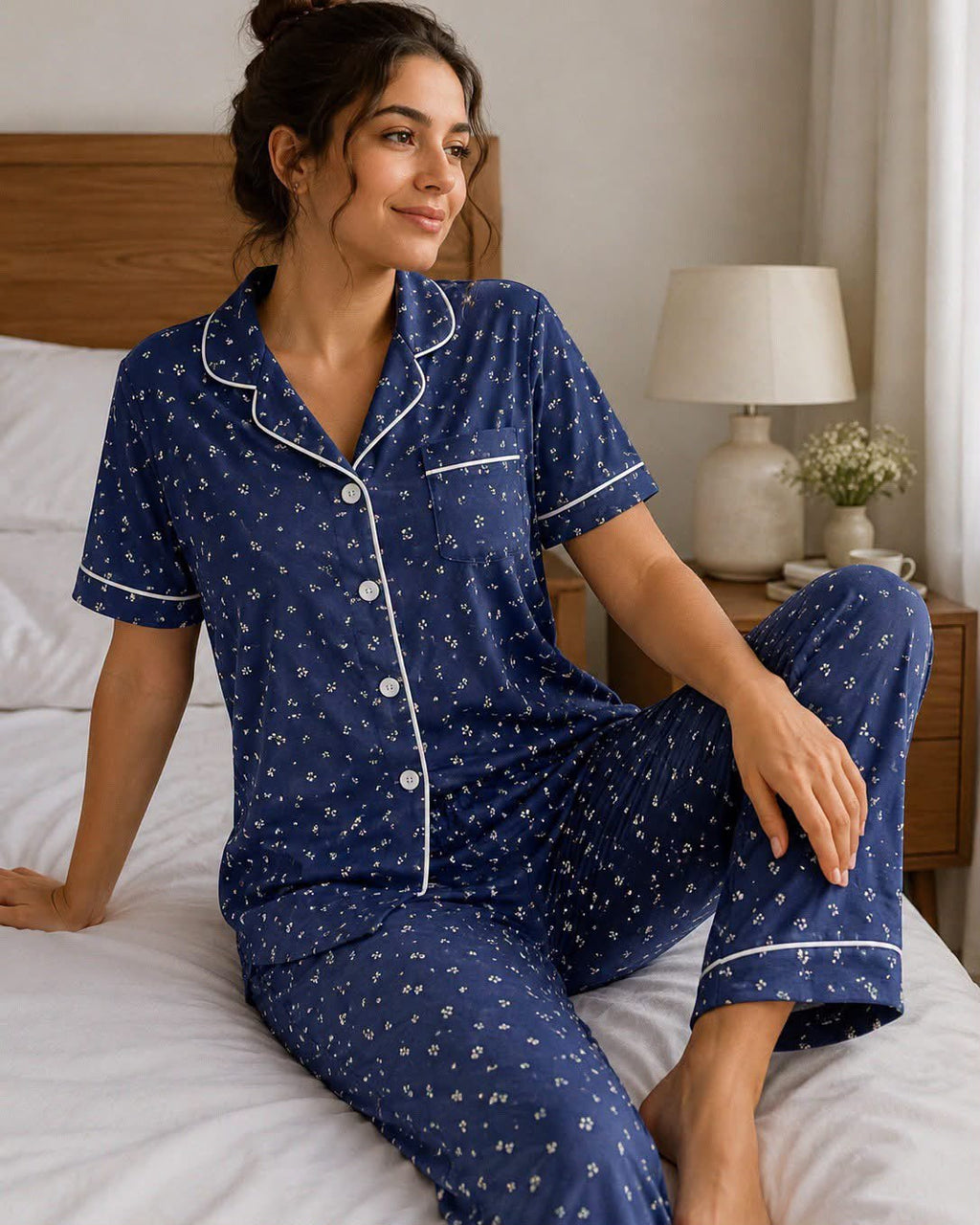 Women's Cotton Button-Up Pajama Set - Navy Floral Print