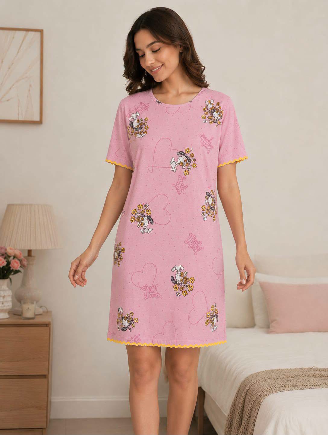 Women's Printed Short Sleeve Nightdress – Pink & Green