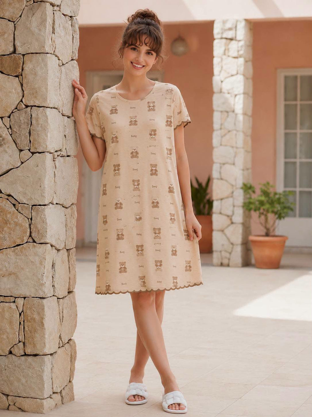 Women's Teddy Bear Printed Short Sleeve Nightdress