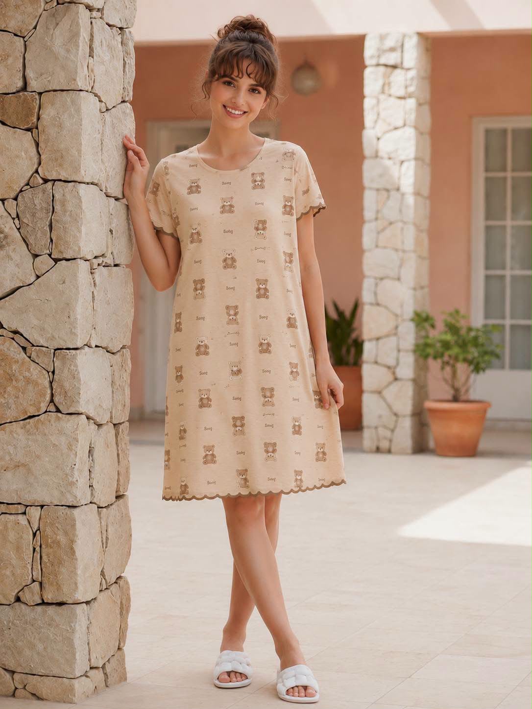 Women's Teddy Bear Printed Short Sleeve Nightdress