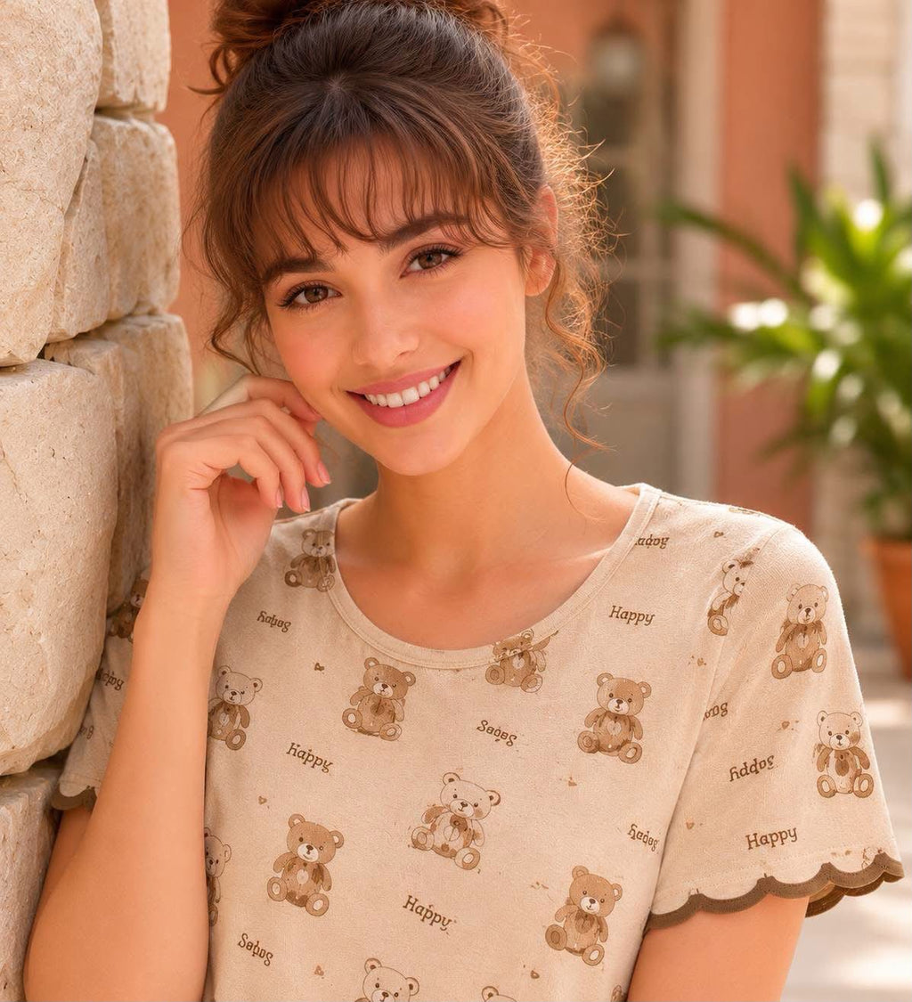 Women's Teddy Bear Printed Short Sleeve Nightdress