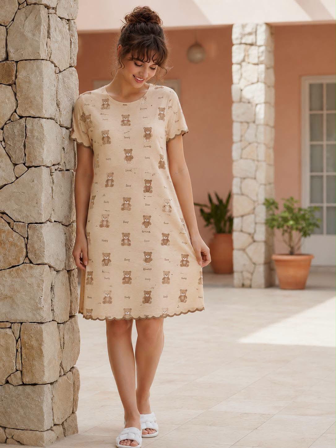 Women's Teddy Bear Printed Short Sleeve Nightdress