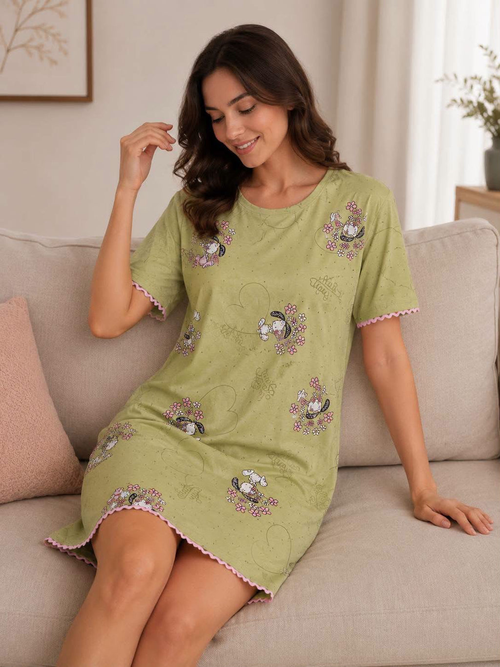 Women's Printed Short Sleeve Nightdress – Pink & Green