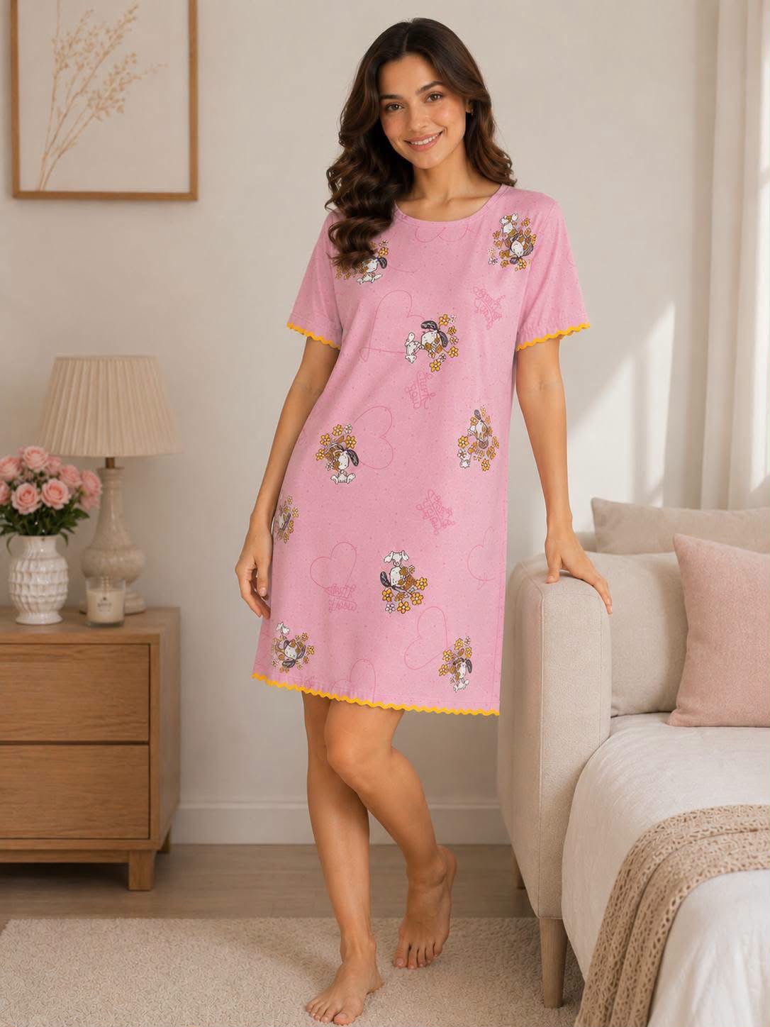 Women's Printed Short Sleeve Nightdress – Pink & Green