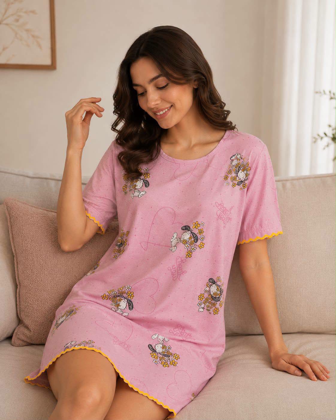 Women's Printed Short Sleeve Nightdress – Pink & Green