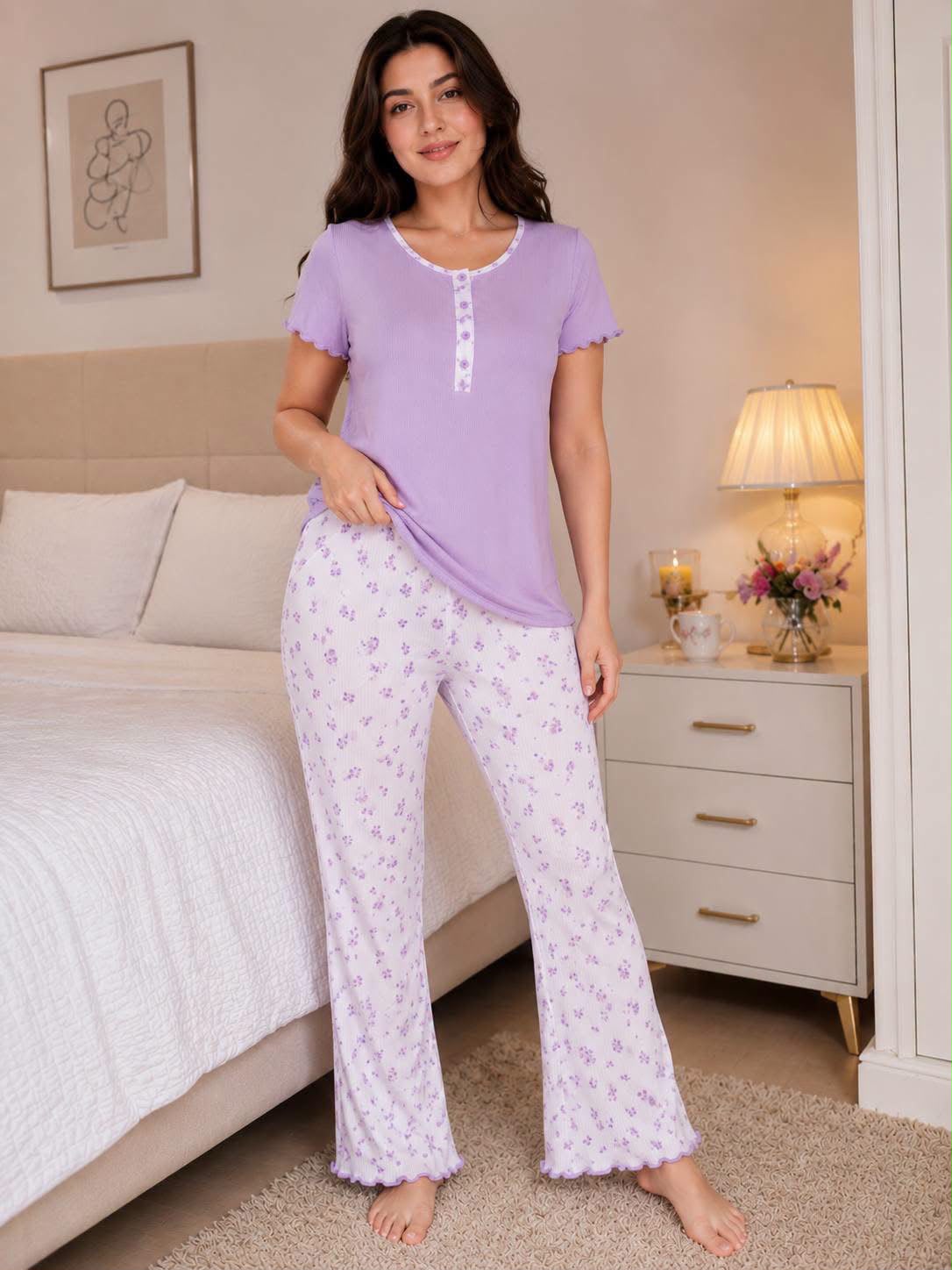 Women's Lavender Floral Pajama Set