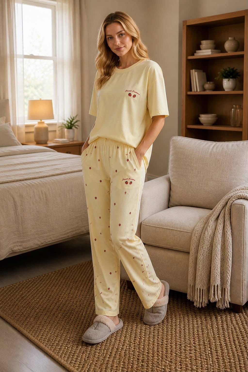 Women's Cream Cherry Print Pajama Set