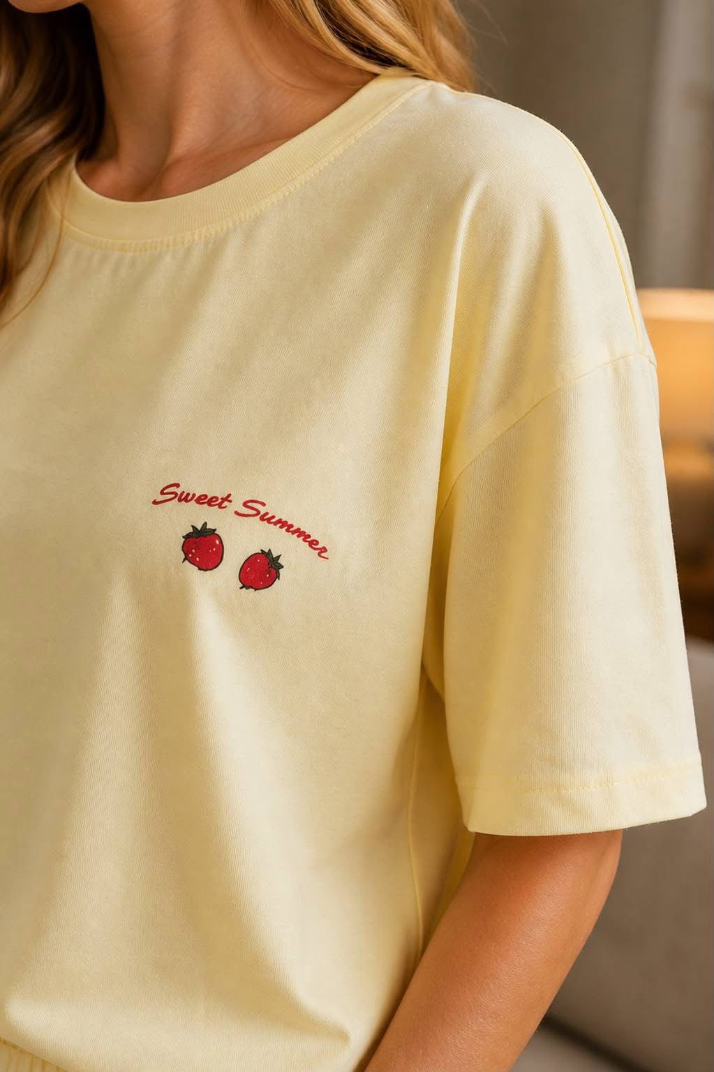 Women's Cream Cherry Print Pajama Set