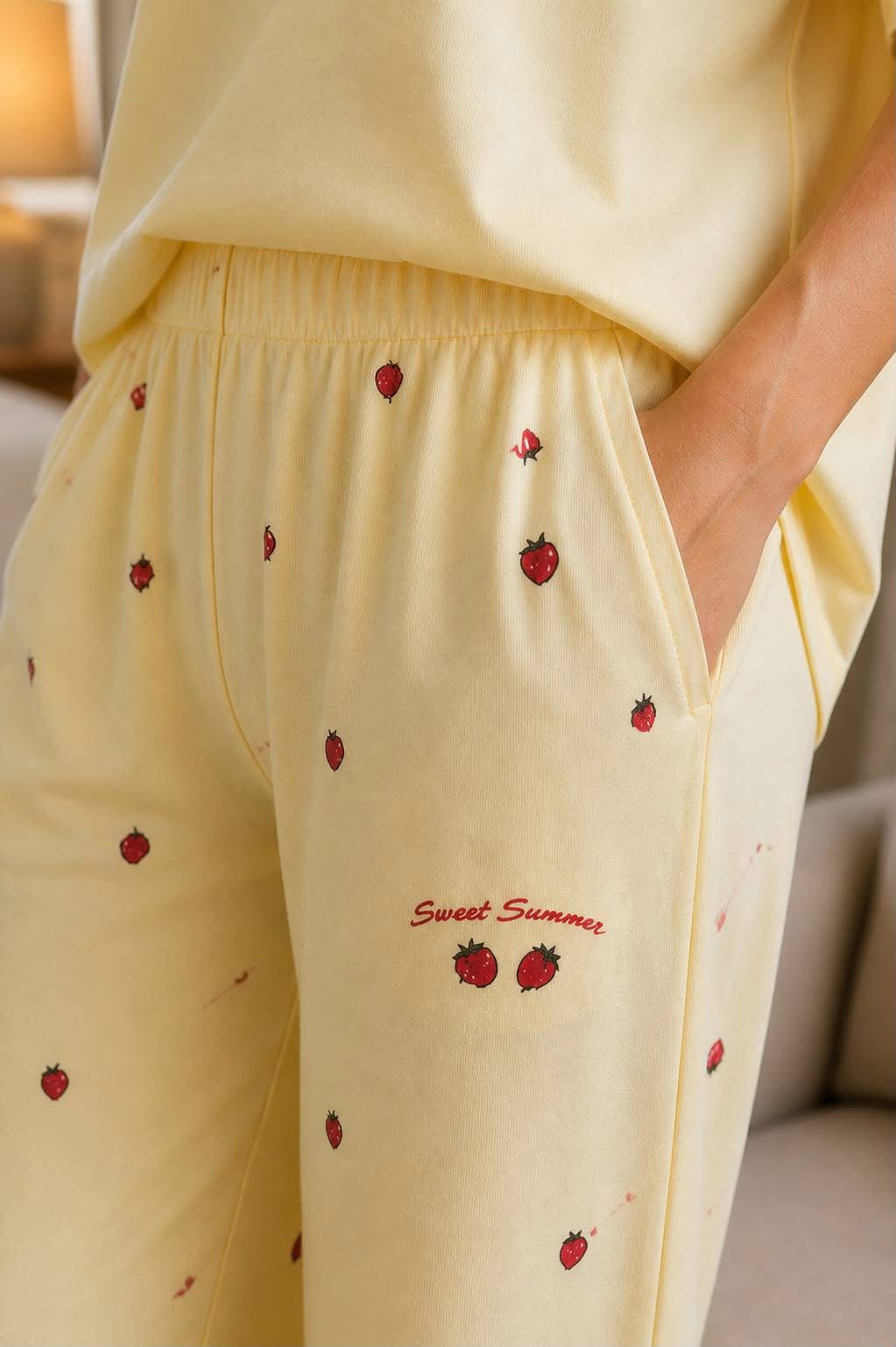 Women's Cream Cherry Print Pajama Set
