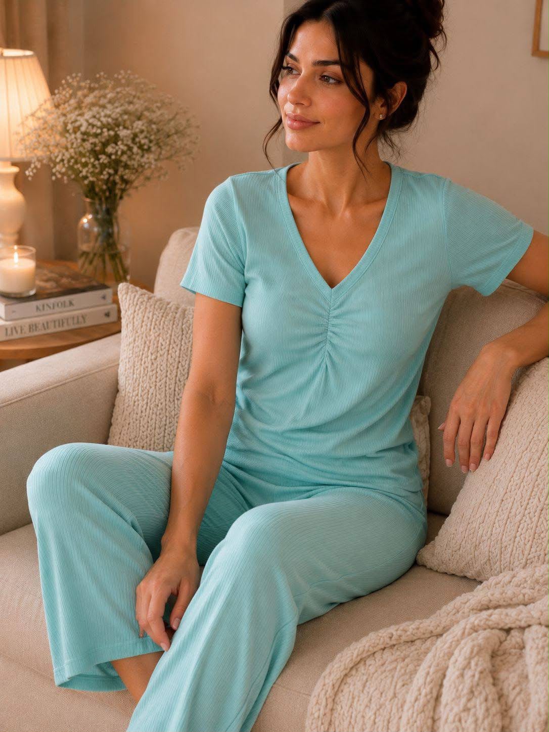 Women's Ribbed Aqua Blue Pajama Set