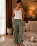 Women's White & Olive Green Bow Print Pajama Set
