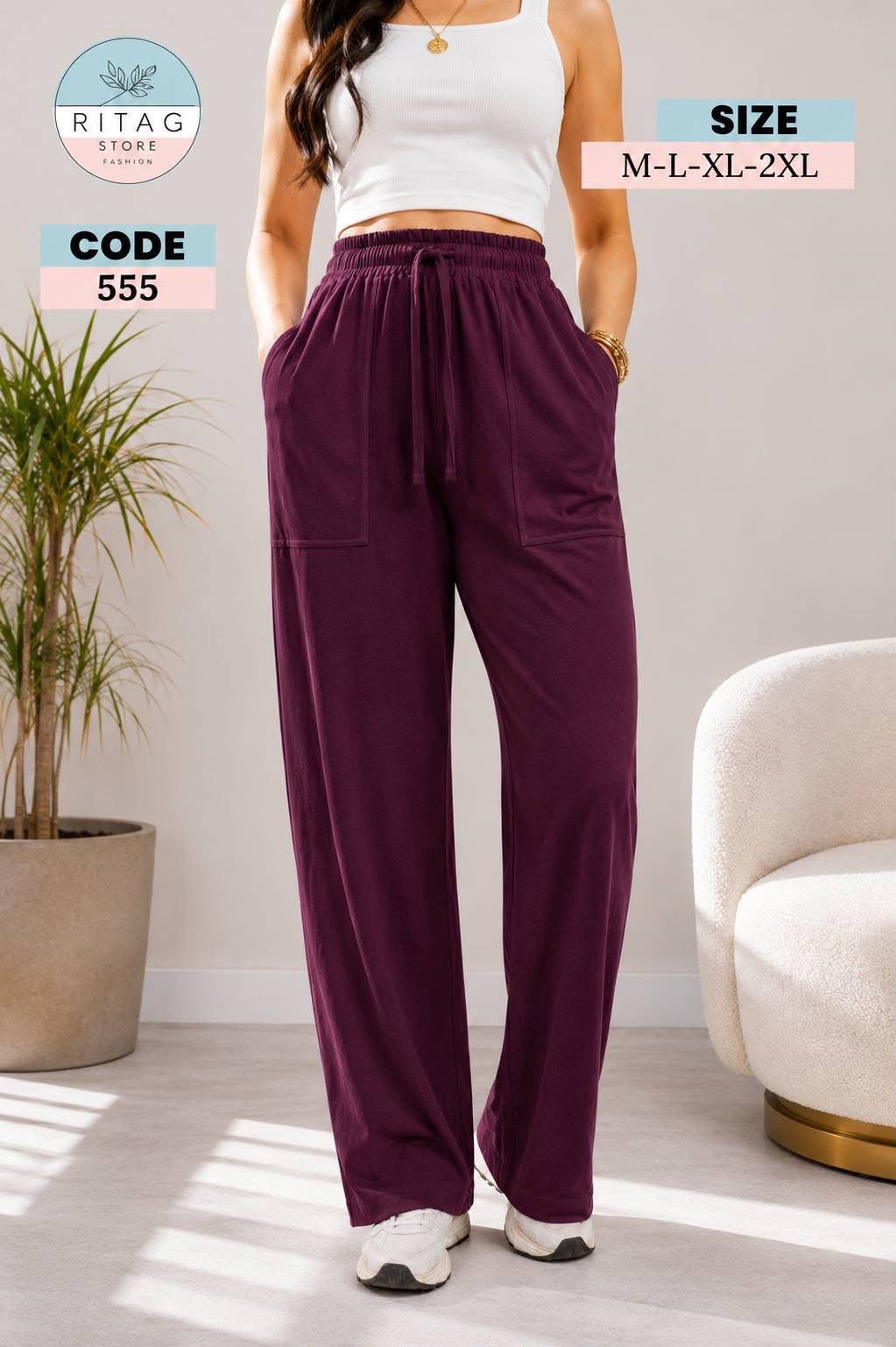Women's Burgundy Linen Wide-Leg Pants