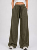 Women's Olive Green Linen Wide-Leg Pants