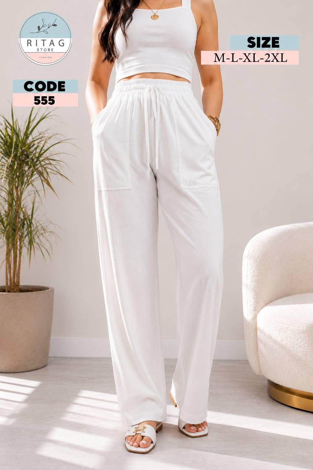 Women's White Linen Wide-Leg Pants