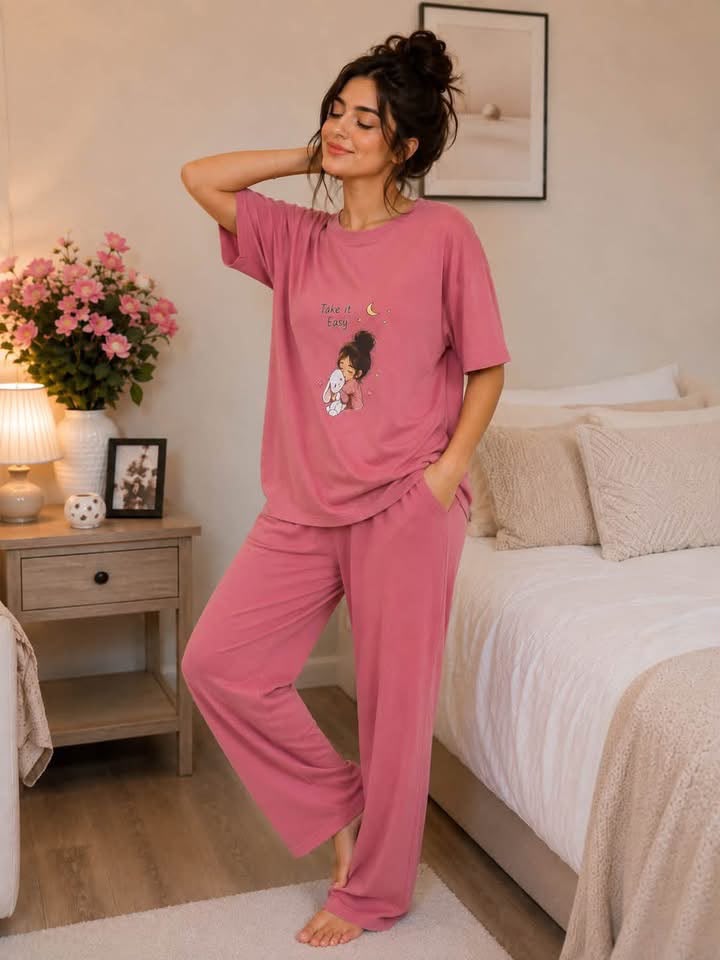 Women's Pink Cotton Pajama Set – Short Sleeve