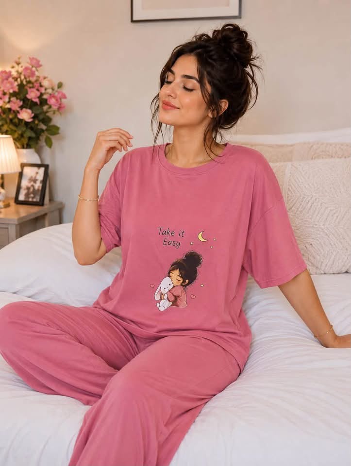 Women's Pink Cotton Pajama Set – Short Sleeve