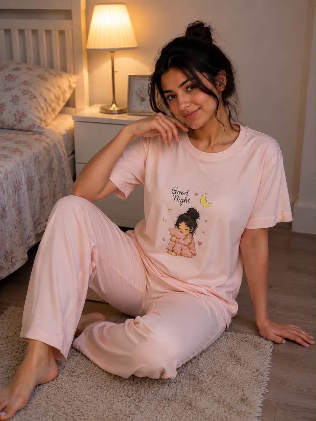 Women's Pink Cotton Pajama Set – Good Night Print
